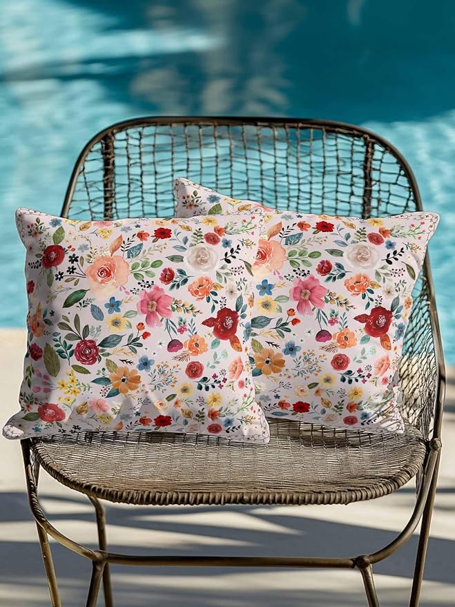 Outdoor Waterproof Throw Pillows Watercolor Leaf Colorful Bloom Floral Patio Pillows Pack of 2,Decorative Pillow Covers with Insert,Pillow Cushion Case for Garden Couch Sofa Vintage Country on Pink