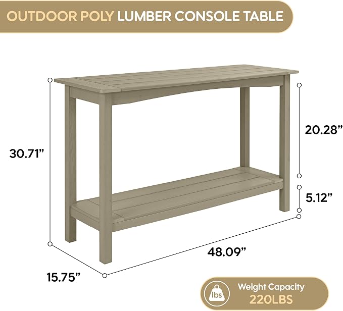 Weatherproof HIPS Outdoor Console Table, 48'' 2-Shelf Side Table Indoor/Outdoor Use, Multifunctional Buffet Table Bar Storage Organizer for Entryway, Patio, Outside Plant Stand Table, Champagne