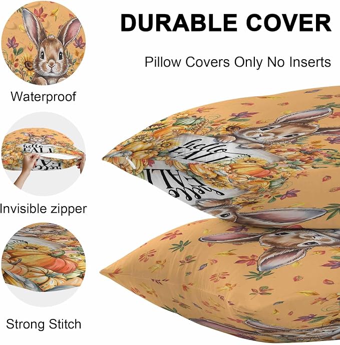 Thanksgiving Rabbit Outdoor Waterproof Pillow Covers, Orange Pumpkins Fall Leaves Flowers Decorative Square Throw Pillowcase Sofa Cushion Sham for Patio/Couch/Chair, 20"x20" 2 Pack