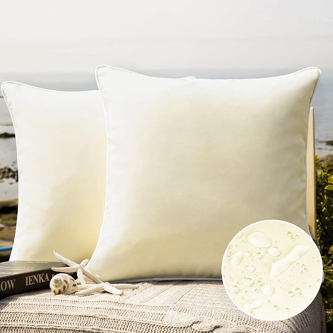 Phantoscope Pack of 2 Outdoor Waterproof Solid Throw Decorative Pillow Cover Decorative Square Outdoor Pillows Cushion Case Patio Pillows for Couch Tent (20''x20'', Cream Cheese)