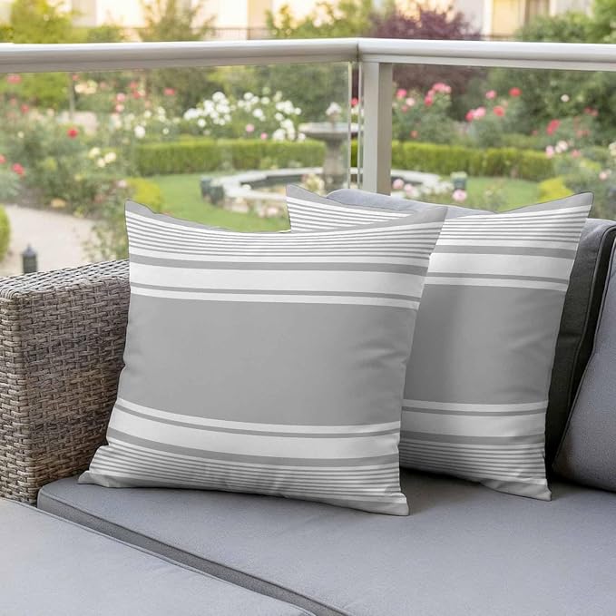 Vandarllin Outdoor Throw Pillows Covers 26x26 inch Set of 2 Waterproof Grey Stripes Decorative Zippered Cushion Covers for Patio Furniture, Striped Lines Lumbar Pillowcases