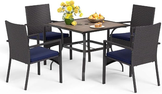 MFSTUDIO 5 Piece Patio Dining Table Set for 4, 37" Square Outdoor Metal Table & Wicker Chairs, Patio Dining Furniture Wood-Like Table and Chairs for 4, Deck, Yard, Porch