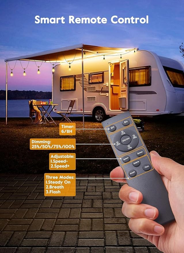 Outdoor String Lights, 52FT 15 Bulbs Shatterproof Patio Lights with Remote | IP65 Waterproof Dimmable Hanging Connectable LED Outdoor Lights for Backyard, Bistro, Porch, Deck, Balcony