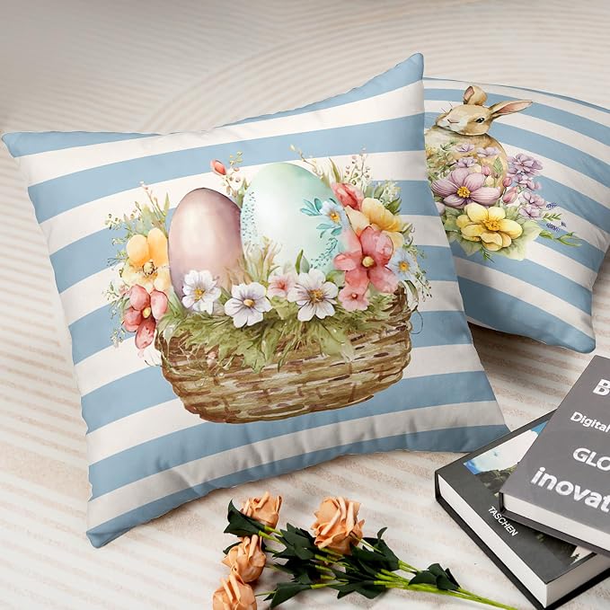 Blue and White Stripes Easter Pillows Decorative Throw Pillow Covers Flowers Colorful Eggs Bunny Pillow Cases 20 x 20 Set of 2 Spring Decoration for Indoor Living Room