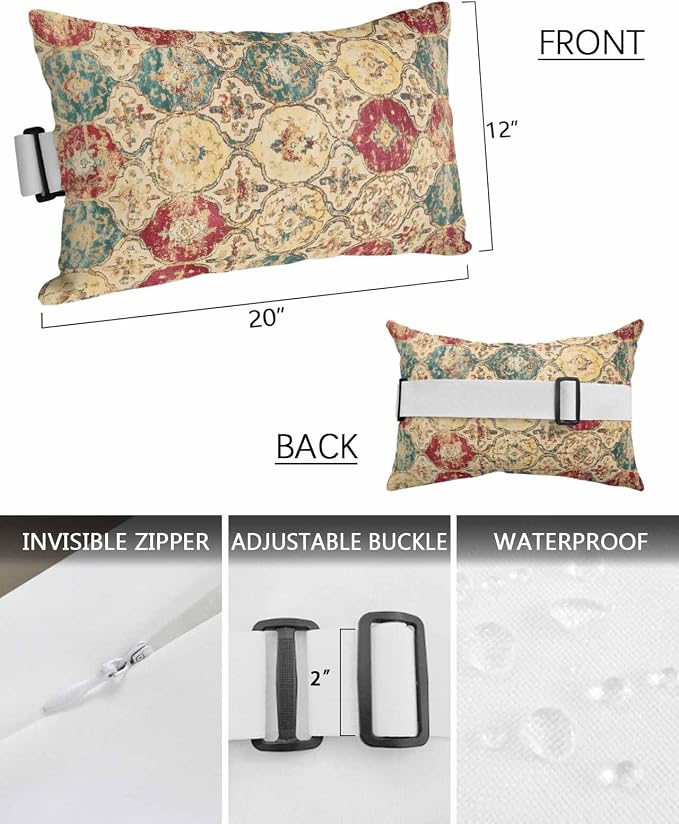 Pack of 2 Outdoor Lumbar Cushions with Inserts, Vintage Morocco Country Ethno Art Texture Waterproof Fluffy Fade Body Pillows, Patio Furniture Pillow for Home Balcony Garden Decor 12x20IN