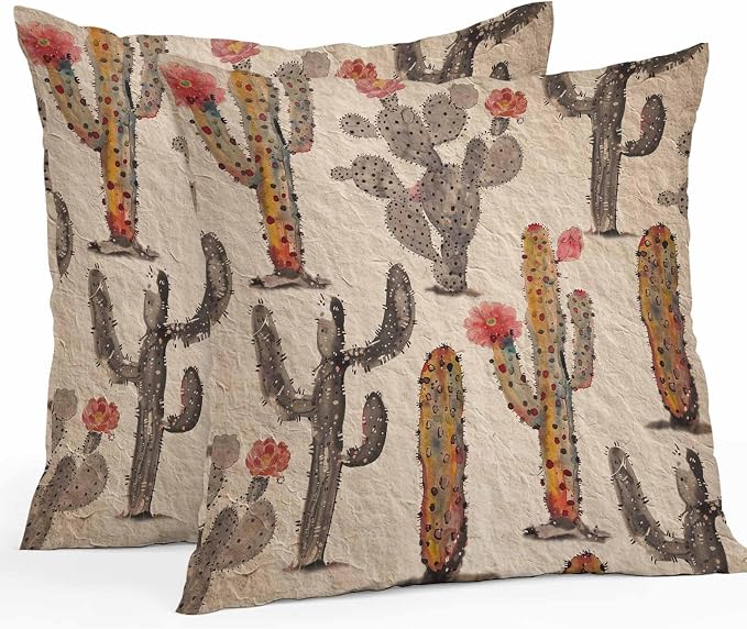 Vandarllin Outdoor Throw Pillows Covers 20x20 inch Set of 2 Waterproof Watercolor Cactus Decorative Zippered Cushion Covers for Patio Furniture, Abstract Floral Desert Lumbar Pillowcases