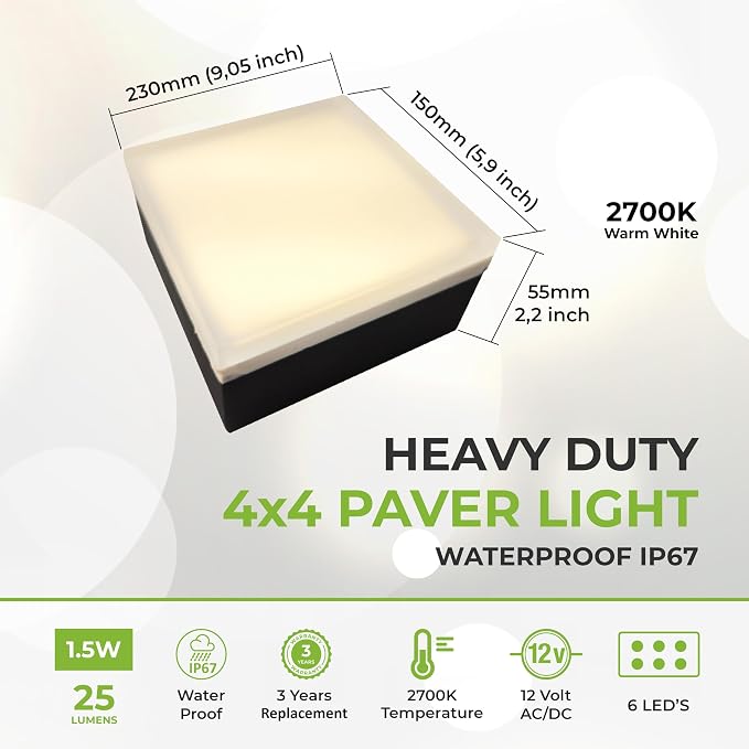 LUMENGY Paver Light 4x4 Inch (3.93x3.93), 5000K Daylight, Glare-Free Brick Lighting for Driveways, Walkways, Pool Decks and Patios, 12V Hardwired, IP67 Waterproof, Drive-Over Rated