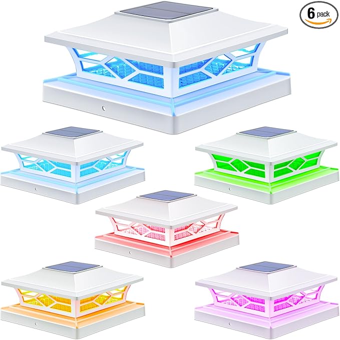 APONUO Solar Post Cap Lights with 8 RGB Colors and Multicolor Flow, Ultra-Bright Clear Lens, IP65 Waterproof for 4x4 5x5 6x6 Wood & Vinyl Fence Posts, 6 Pack White