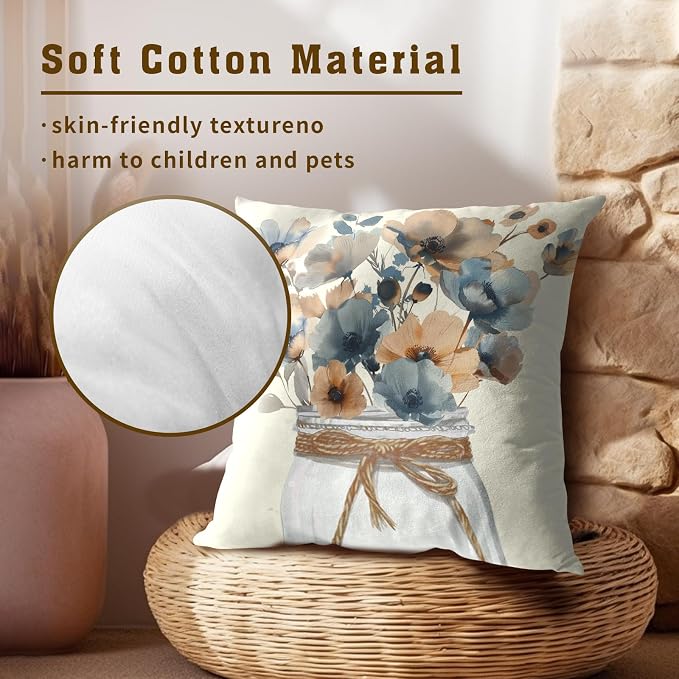 Watercolor Floral Throw Pillow Covers 22x22 Inch Set of 2, Rustic Grey Tan Flowers Decorative Pillowcase Zippered Squre Cushion Cover Farmhouse Decor for Sofa Couch Living Room Outdoor
