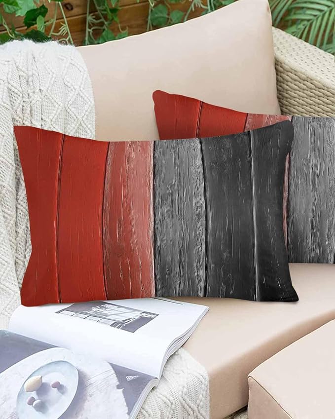 Lumbar Pillow Covers 20x12 Inch Set of 2, Red Black Ombre Waterproof Outdoor Cushion Covers, Vintage Farmhouse Wooden Decorative Pillowcases for Couch, Sofa, Bed, Garden, Patio