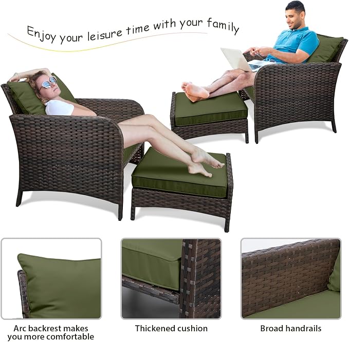 LEVELEVE Balcony Furniture 5 Piece Patio Conversation Set, PE Wicker Rattan Outdoor Lounge Chairs with Soft Cushions 2 Ottoman&Glass Table for Porch, Lawn-Brown Wicker（Army Green