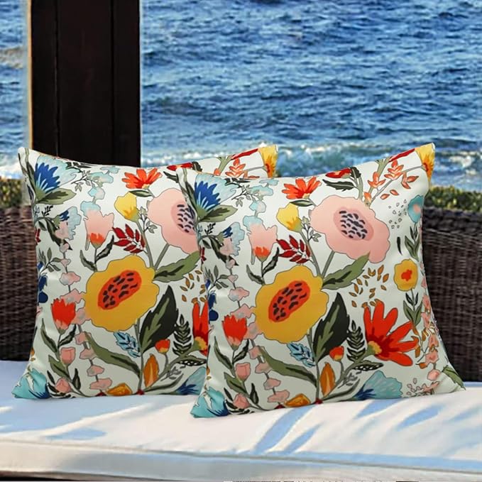 Floral Outdoor Throw Pillow Covers 18x18 Waterproof Colorful Summer Spring Garden Decorative Square Patio Pillows Outdoor Pillows Covers for Patio Furniture Set of 2 (No Pillow Insert)