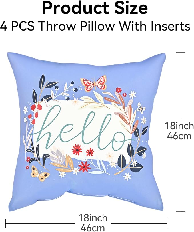 Outdoor Throw Pillows Waterproof Set of 4 18x18 Inches for Bed and Patio Furniture, Hello Pattern Decorative Throw Pillows with Insert for Couch