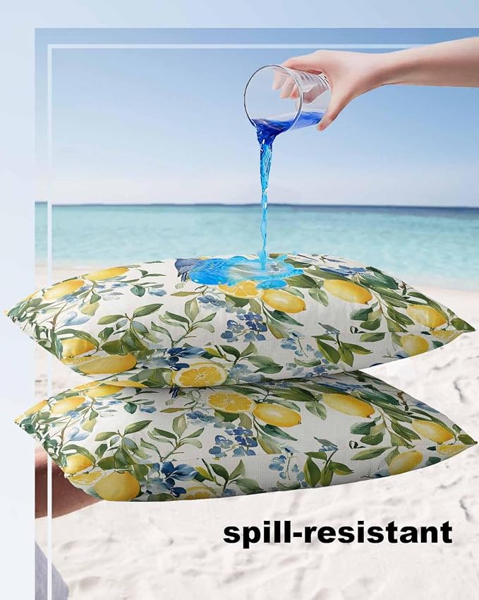 Outdoor Throw Pillow Covers Waterproof Pillow Cases 20x12In, Watercolor Lemon Bird Decorative Pillow Covers Cushion Cases for Couch Sofa Patio Garden,2 Pack Vintage Spring Blue Flower Foliage