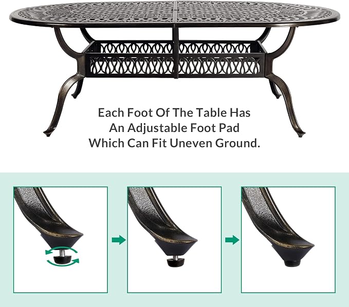 VIVIJASON Large Patio Dining Table, Outdoor Oval Dining Table Fits for 6-8 Person, Bronze Cast Aluminum Rustic Patio Table with Umbrella Hole for Balcony, Porch and Deck