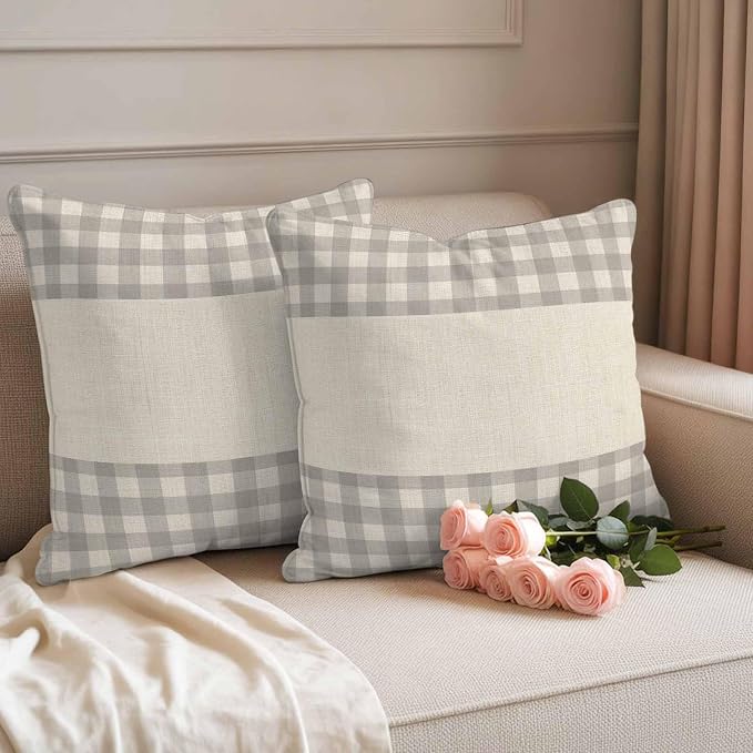 Retro Grey Outdoor Waterproof Pillow Covers, Farmhouse Buffalo Plaid Vintage Beige Decorative Square Throw Pillowcase Sofa Cushion Sham for Patio/Couch/Chair, 18"x18" 2 Pack