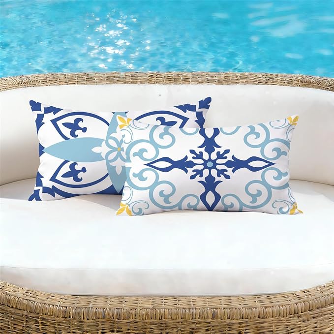 NIGHTWISH Outdoor Waterproof Pillow Covers 12x20 Set of 4 Blue Boho Decorative Outdoor Throw Pillows Floral Cushion Cases for Patio Furniture Bench Couch Sunbrella