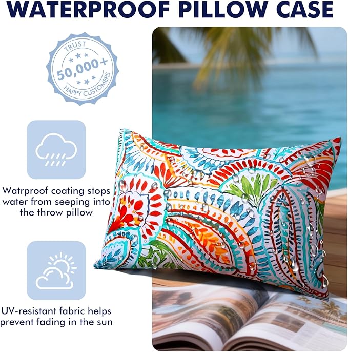 2 Pack Waterproof Outdoor Pillows, 12x20 Outdoor Lumbar Pillows | Patio Furniture Pillows, Decorative Throw Pillows, Waterproof &Fade Resistant, Removable & Washable, Paisley Multi Blue