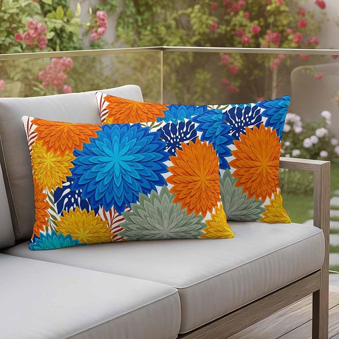 Blue Sage Green Flowers Outdoor Pillow Covers Waterproof, All Weather Cushion Case Set of 2, Boho Colorful Floral Plant Lumbar Pillowcase for Sofa Couch Bed Decor Patio Furniture 20"x12"