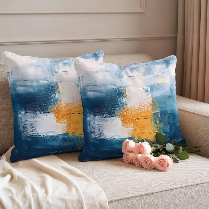 Blue Yellow Outdoor Waterproof Throw Pillow Covers Set of 2, 26"x26", Abstract Oil Painting Decorative Pillow Covers Outside Cushion Case for Patio Porch Garden