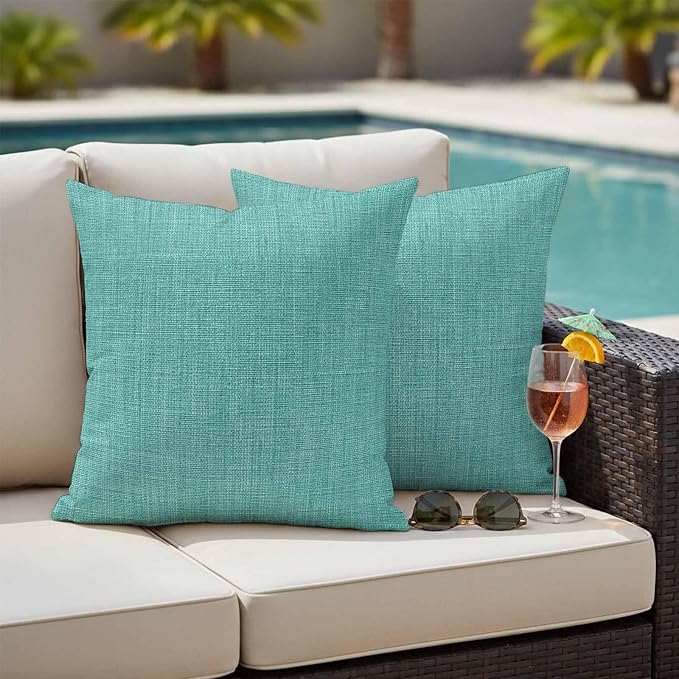 Outdoor Waterproof Throw Pillow Covers Set of 2 Turquoise Linen Pillowcases 24x24 Inches Farmhouse Pure Color Decorative Pillows Cushion Case Patio Pillows for Couch Bed Chair Garden