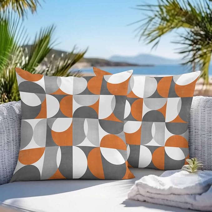 Vandarllin Outdoor Throw Pillows Covers 26x26 inch Set of 2 Waterproof Mid Century Geometric Decorative Zippered Cushion Covers for Patio Furniture, Abstract Modern Orange Lumbar Pillowcases