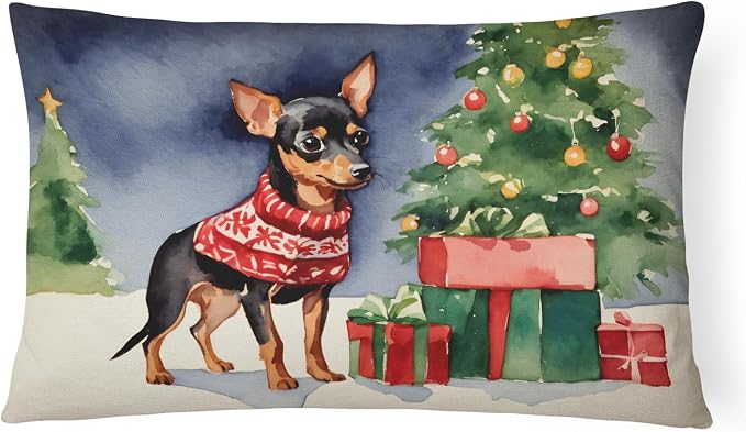 Caroline's Treasures DAC2706PW1216 Miniature Pinscher Cozy Christmas Throw Pillow Machine Washable, Indoor Outdoor Decorative Pillow for Couch, Bed or Patio, 12HX16W