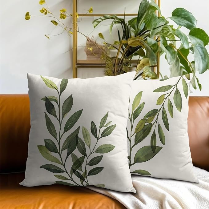 Sage Green Leaf Pillow Covers 18x18 Inch – Pack of 2 Rustic Spring Summer Plants Leaves Cotton Hidden Zipper Pillowcases for Couch Sofa Chair Bed Porch Farmhouse Home Decor