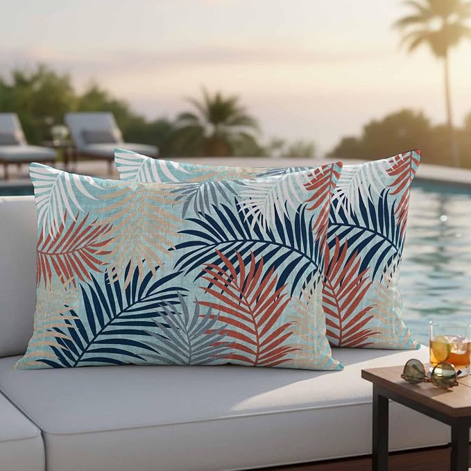 Outdoor Waterproof Throw Pillow Covers, Red Blue Teal Palm Leaves Decorative Pillow Cases, Summer Botanical Tropical Leaf Couch Pillow Protector Patio Sofa Cushion Covers Replacement 20"x12" 2 Pack