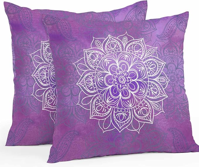 Vandarllin Outdoor Throw Pillows Covers 16x16 inch Set of 2 Waterproof Purple Boho Floral Decorative Zippered Cushion Covers for Patio Furniture, Bohemian Flower Lumbar Pillowcases
