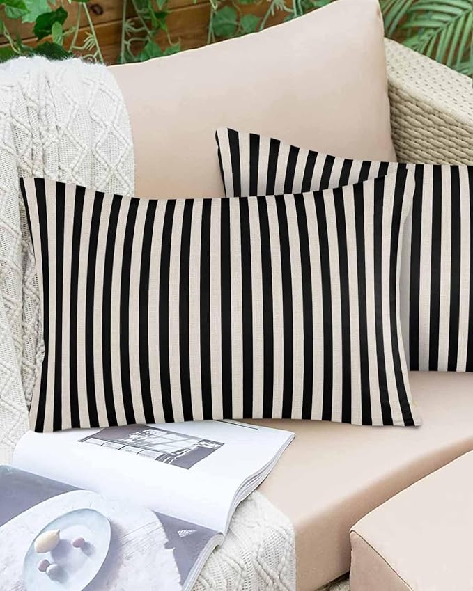 Outdoor Waterproof Throw Pillow Covers Set of 2 Black Stripes Lumbar Pillowcases 20x12 Inches Linen Classic Vertical Striped Patio Decorative Pillows Cushion Case Patio Pillows for Couch Bed Garden