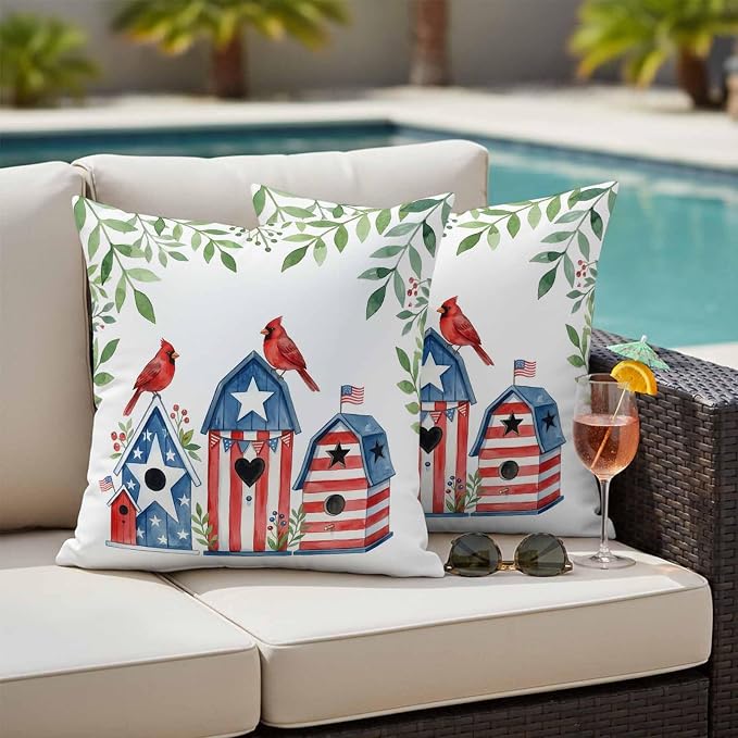 American Flag Bird House Outdoor Pillow Covers Waterproof, All Weather Cushion Case Set of 2, Green Eucalyptus Leaves 250th Decorative Pillowcases for Sofa Couch Bed Decor Patio Furniture 18"x18"