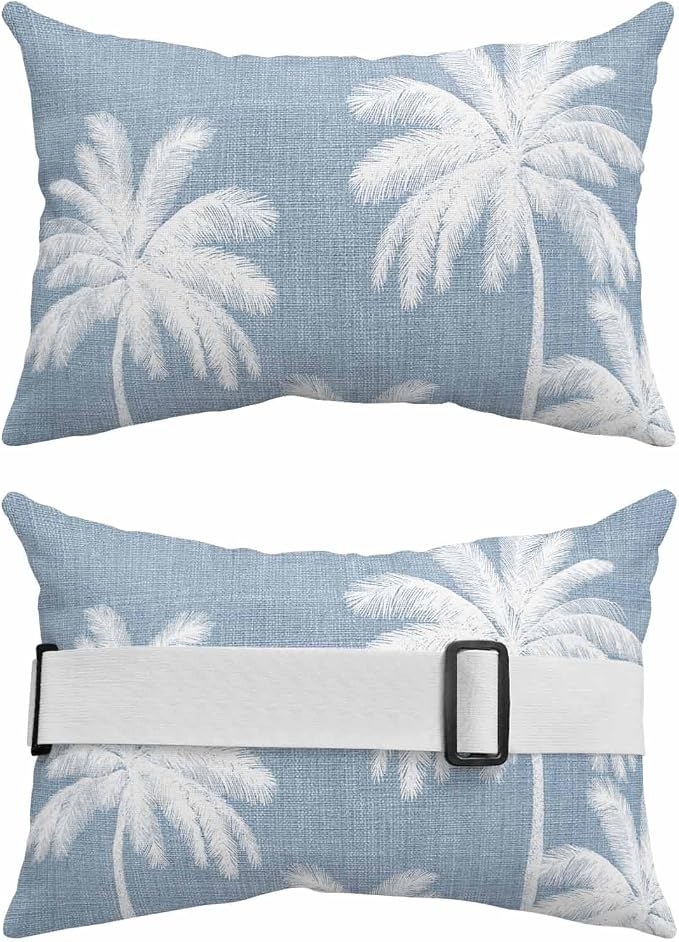 Pack of 4 Outdoor Lumbar Pillow Covers 12x20 Inch, Light Blue Palm Trees Waterproof Throw Pillow Covers Set, Farmhouse Tropical Summer Beach Indoor&Outdoor Decorative Cushion Cases for Patio Porch Car
