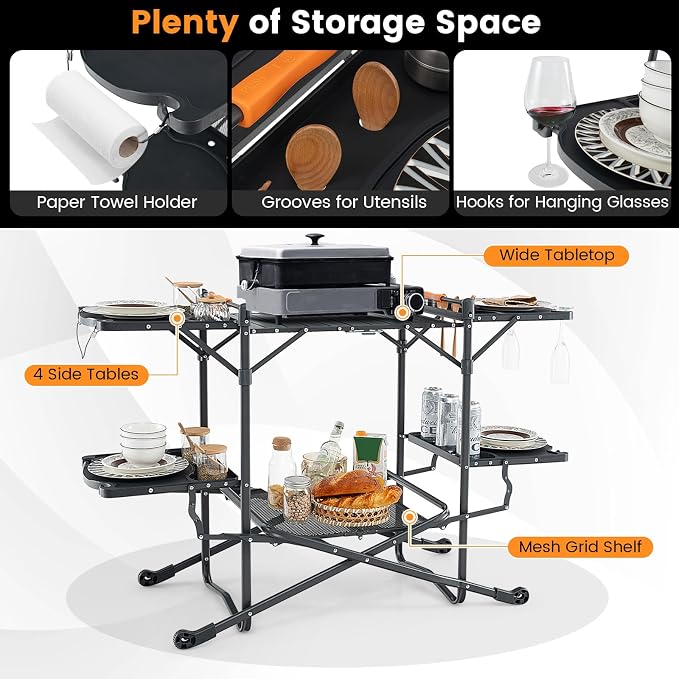 Goplus Camping Kitchen Table Station, Outdoor Portable Grill Table with Aluminum Tabletop, 4 Side Tables, Storage Rack, Folding Cooking Table for Outside Picnic BBQ RV Garden Patio Dining