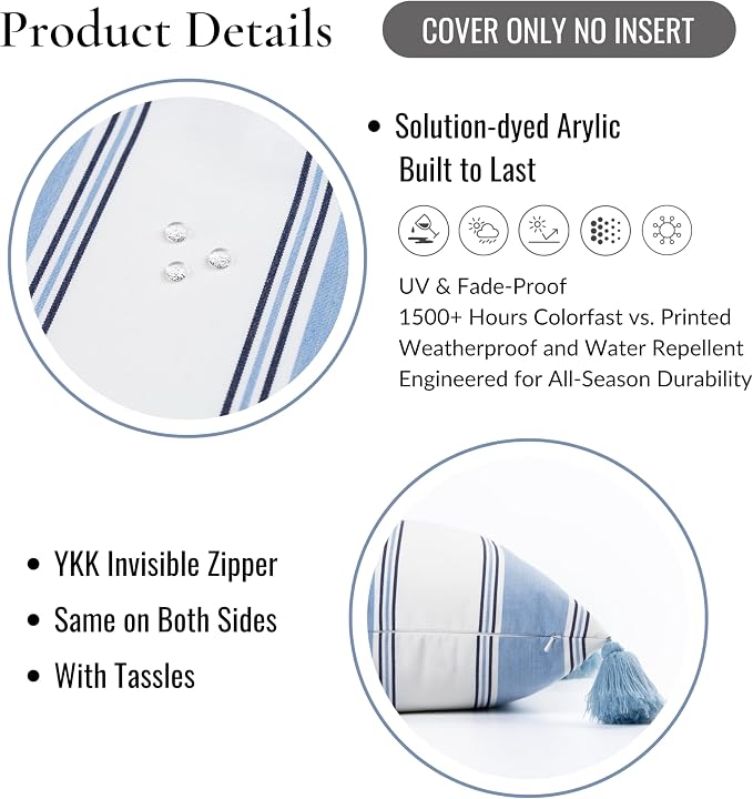 Hofdeco Premium Coastal Hampton Outdoor Performance Lumbar Pillow Cover Only, 12"x20" Water Repellent, UV and Fade Resistant for Backyard, Couch, Poolside, Azure Blue Indigo Woven Harbor Stripes