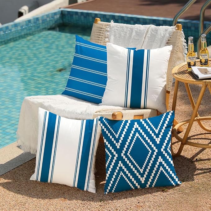 DFXSZ Outdoor Blue Waterproof Geometry Pillow Covers 18x18 Set of 4 | Spring Summer Waterproof Modern Throw Pillowcases（No Inserts） Outdoor Decor for Patio Funiture Garden Polyester Covers