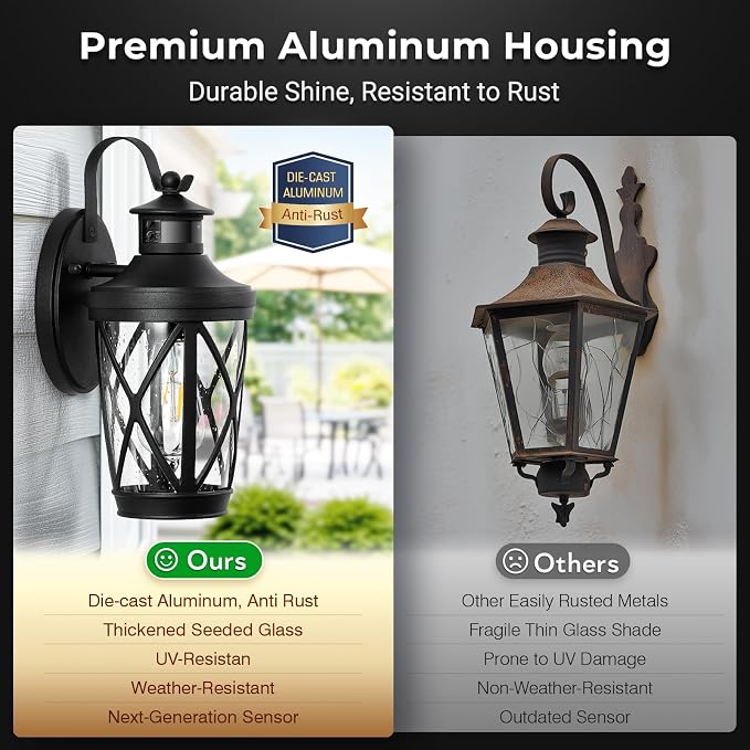 VIANIS Exterior Lighting Fixtures, Black Outdoor Motion Sensor Light, 2-Pack Outdoor Lanterns for Porch, Anti-Rust Dusk to Dawn Sensor Wall Mount, Modern Exterior Wall Sconce Outside Lights for Patio