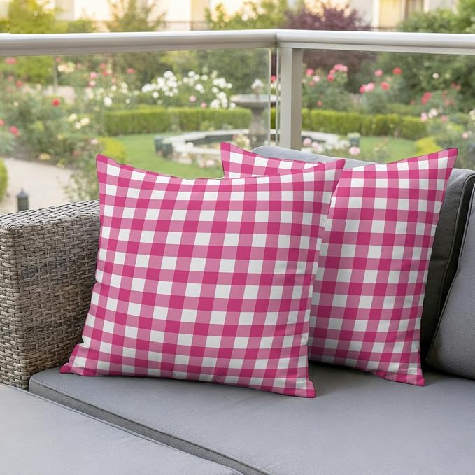 Hot Pink Checks Outdoor Pillow Covers 18"x18" Set of 2, Gingham Plaid Abstract Modern Minimalist Waterproof Throw Pillow Covers for Patio Furniture, Decorative Cushion Covers for Porch