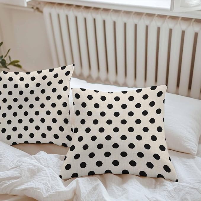 Outdoor Waterproof Throw Pillow Covers Set of 2 Black White Polka Dots Pillowcases 20x20 Inches Cute Solid Color Linen Decorative Pillows Cushion Case Patio Pillows for Couch Bed Chair Garden