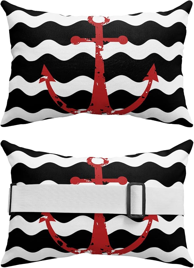 Recliner Head Pillow Lounge Chair Pillows with Insert Red Nautical Anchor Navy Blue Wavy Stripes Lumbar Pillow with Adjustable Strap Outdoor Waterproof Patio Pillows for Beach Pool, 2 PCS
