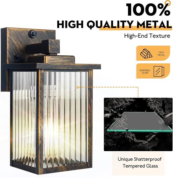Black Brush Gold Dusk to Dawn Wall Mount Porch Lights | Auto On and Off, Anti-Rust Metal Frame, Tempered Glass, E26 Socket, Easy DIY Install on Porch, Garage