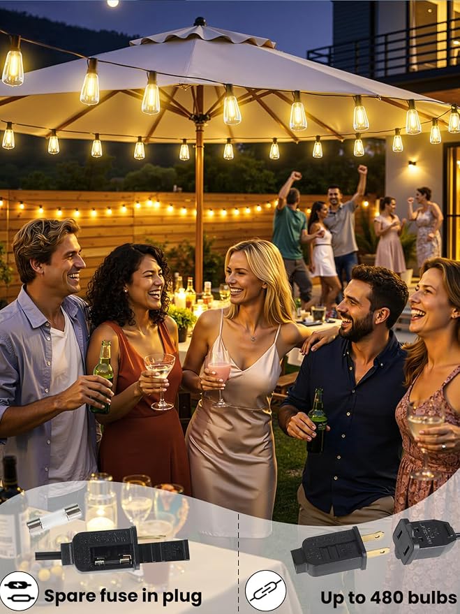 Svater 200 FT Outdoor String Lights LED, Waterproof for Outside Patio | 104 Shatterproof ST38 Dimmable Bulbs, Hanging Lighting For Bistro Market Backyard, ETL Listed 2700K (100 FT *2)