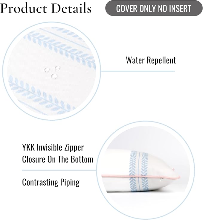 Hofdeco Premium Coastal Grandmillennial Patio Indoor Outdoor Lumbar Pillow Cover Only, 12"x20" Water Repellent for Backyard, Couch, Poolside, Baby Blue Pink Print Leaf Striped