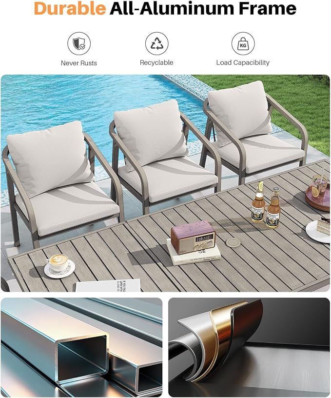 Never-Rust Aluminum Outdoor Dining Chairs Set of 2, Patio Dining Chairs with Ultra-Thick Cushion, Outdoor Patio Chairs with Wraparound Backrest and Armrest for Poolside, Porch, Deck, Gray Oak