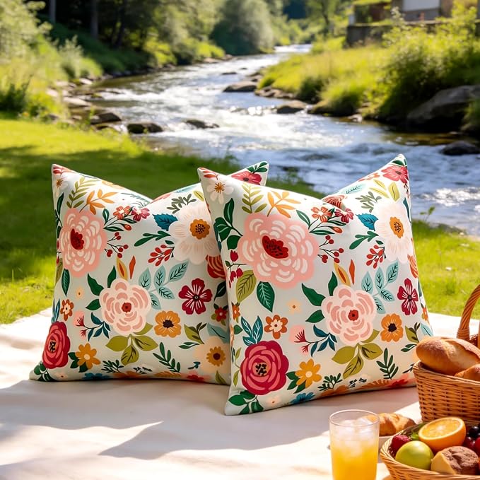 Summer Floral Outdoor Pillow Covers Waterproof Decorative Green Pillow Covers Accent Square Couch Covers Garden Farmhouse Throw Cushion Cases 20x20 Inch Set of 2 for Patio Tent Balcony Bench Sofa