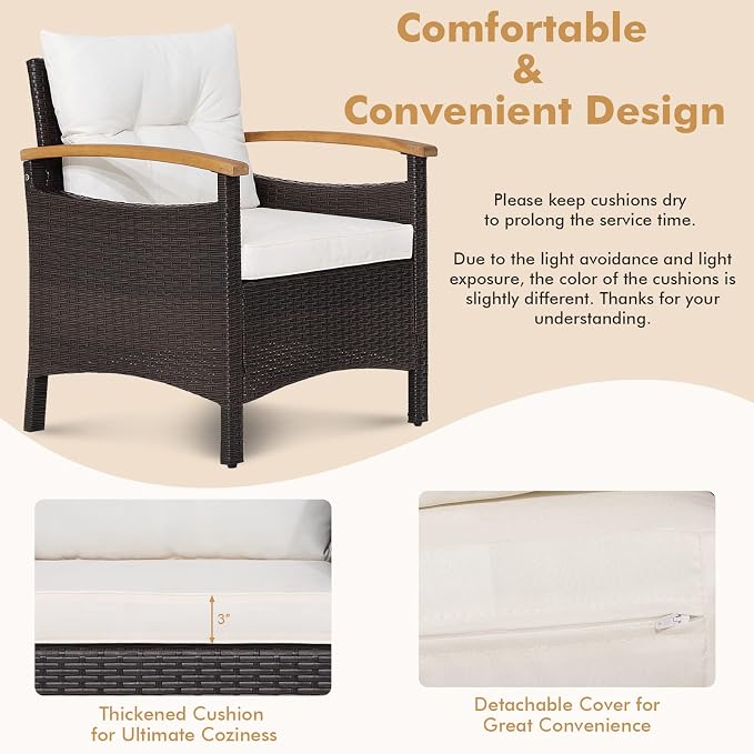 HAPPYGRILL 3-Piece Patio Furniture Set Outdoor PE Rattan Bistro Set with Coffee Table, Soft Seat Cushions & Throw Pillows, Acacia Wood Conversation Set for Patio Courtyard Poolside