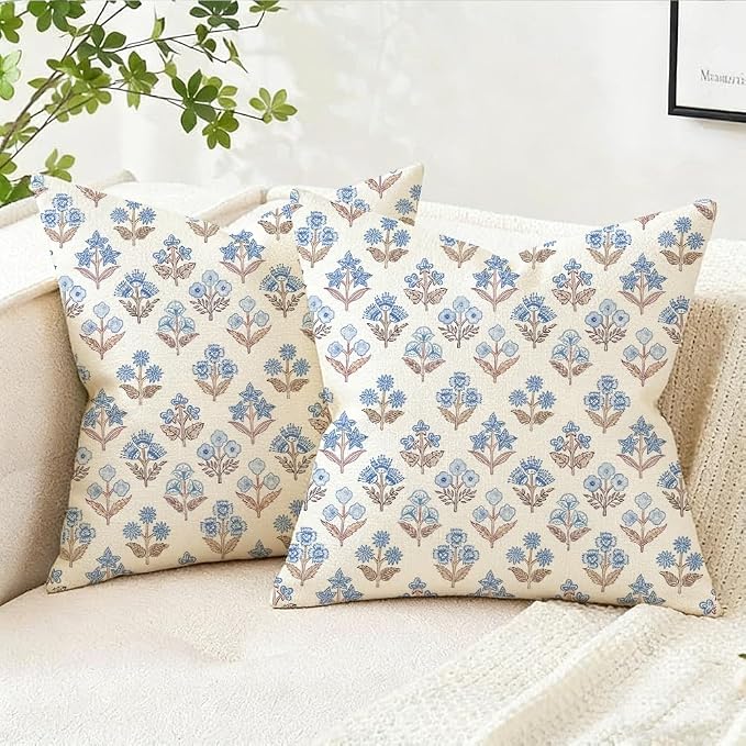 RABUSOFA Blue Floral Pillow Covers 20x20 Inch Set of 2 Outdoor Waterproof Decorative Throw Pillows for Home Spring Summer Decor Couch Patio Funiture Garden Vintage Flower