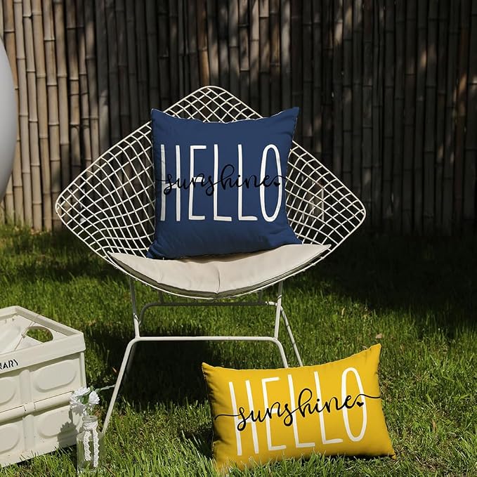 DFXSZ Navy Blue Outdoor Waterproof Pillow Covers 16x16 Set of 2 | Hello Sunshine Decor Spring Summer Polyester Pillow Covers(NO INSERTS)| Decor for Patio Funiture Garden Sofa Couch