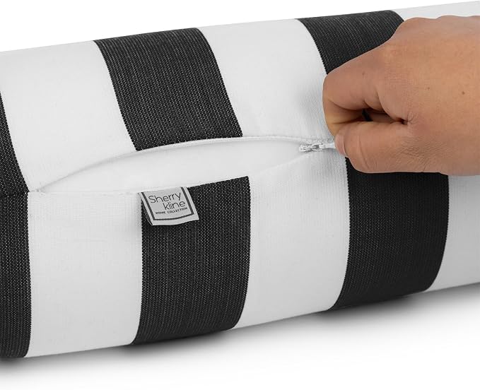 Sherry Kline Cabana Stripe Set of 2 Neck roll Bolster Pillows, Zippered Removable Cover with Corded Trim, 6x18 Inch Cylinder Outdoor Indoor Cushion, Foam Insert, Made in USA - Black/White