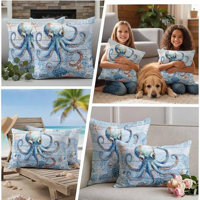 Coastal Octopus Waterproof Outdoor Pillow Covers Set of 2 Home Decor, Nautical Sea Starfish Coral Wooden Grain Pillowcase Patio Pillow Covers for Couch Bench Furniture Garden 18x18in